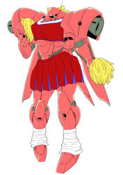 Rule 34 | 1990s (style), bow, cheerleader, clothed robot, full body, gerbera tetra, green eyes, gundam, gundam 0083, hair bow, leg warmers, mecha, no humans, one-eyed, pom pom (cheerleading), retro artstyle, robot, shouji nigou, white background