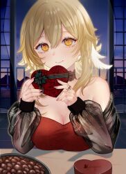 1girl blonde_hair box box_of_chocolates breasts chocolate cleavage dress fingernails genshin_impact heart highres jewelry light_blush lips looking_at_viewer lumine_(genshin_impact) nail_polish ring smile solo solo_focus sylphynia twitter_username valentine yellow_eyes