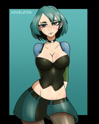 1girl absurdres aqua_background aqua_hair arms_behind_back artist_name artist_request blush breasts cartoon_network ear_piercing gwen_(total_drama) highres jewelry large_breasts lips navel necklace piercing skirt total_drama