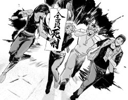 2boys 2girls alien_stage closed_eyes dewey_(alien_stage) explosion explosion_background greyscale highres holding holding_sign hyuna_(alien_stage) isaac_(alien_stage) jewelry long_hair mizi_(alien_stage) monochrome multiple_boys multiple_girls necklace open_mouth pants running shirt short_hair sign sunglasses translation_request u_qrou very_short_hair vest
