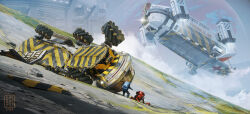 2others aircraft arm_support artist_logo cloud commentary crack cracked_glass cross dated dofresh english_commentary english_text flying highres logo mecanum_wheel multiple_others original outdoors planet red_cross scenery science_fiction spacesuit vtol wheel winch wreckage