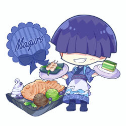1boy blue_boots blue_hair blue_kimono boots character_name chibi chibi_only commentary_request cream dango facing_viewer food full_body futaba969649 grin hair_over_eyes highres holding holding_tray ice_cream japanese_clothes kimono light_blush male_focus obi puyopuyo sasaki_maguro sash short_hair short_sleeves simple_background smile solo standing taiyaki tray wagashi white_background wide_sleeves