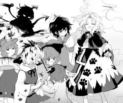 1boy 6+girls anchor_symbol animal_ears asymmetrical_wings bad_id bad_pixiv_id black_hair bucket capelet closed_eyes dress greyscale hair_ornament handprint hat holding holding_bucket holding_umbrella houjuu_nue kesa komano_aunn kumoi_ichirin long_sleeves looking_at_another messy monochrome mouse_ears multicolored_hair multiple_girls murasa_minamitsu nazrin open_mouth paw_print pointing sailor_collar shikushiku_(amamori_weekly) shirt short_hair short_sleeves skirt skirt_hold smile streaked_hair tatara_kogasa toramaru_shou touhou umbrella unzan v-shaped_eyebrows white_background white_shirt wily_beast_and_weakest_creature wings