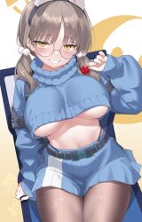 Rule 34 | 1girl, black pantyhose, blue archive, blue skirt, blue sweater, breasts, candy, chair, commentary, commentary request, cropped sweater, folding chair, food, halo, highres, holding, holding candy, holding food, holding lollipop, large breasts, lollipop, looking at viewer, moe (blue archive), mushpz, navel, on chair, pantyhose, sitting, skirt, smile, solo, sweater, underboob, yellow eyes, yellow halo