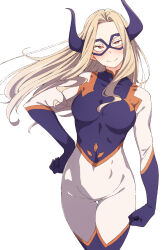 1girl blonde_hair blue_gloves bodysuit boku_no_hero_academia breasts commentary_request eitopondo eye_mask gloves highres horns long_hair looking_at_viewer medium_breasts mount_lady simple_background solo white_background