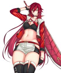 1girl abs absurdres black_gloves boots breasts celis_ortesia cleavage commentary crop_top cropped_jacket double-parted_bangs earrings eiyuu_densetsu english_commentary frown glove_cutout gloves green_eyes hair_between_eyes highres holding holding_sword holding_weapon huge_weapon jacket jewelry kuro_no_kiseki kuro_no_kiseki_(series) kuro_no_kiseki_ii large_breasts long_hair looking_at_viewer midriff moren_eh navel open_clothes open_jacket race_queen red_hair simple_background solo sword thigh_boots thighs weapon white_background