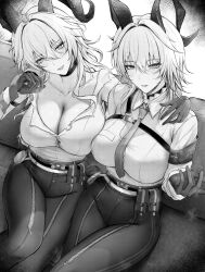 2girls absurdres aisutei armband breasts choker collarbone commentary curled_horns dual_persona gloves greyscale hair_between_eyes hand_up head_tilt highres horns large_breasts long_hair looking_at_viewer mole mole_on_breast monochrome multiple_girls paid_reward_available pants parted_lips shirt shirt_tucked_in sitting tight_clothes tight_pants torn_clothes torn_shirt wuthering_waves zani_(wuthering_waves)