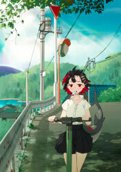 Rule 34 | 1girl, absurdres, bare arms, black hair, black skirt, blue sky, blurry, blurry background, blush, buttons, collared shirt, colored inner hair, day, ellen joe, fingernails, fins, fish tail, food, food in mouth, hair ornament, hairclip, highres, hot, kick scooter, long tail, melting, melting popsicle, midfinger, miniskirt, mole, mole under eye, mouth hold, multicolored hair, nail polish, outdoors, partially unbuttoned, pleated skirt, popsicle, popsicle in mouth, power lines, red eyes, red hair, red nails, road, scenery, shark tail, shirt, shirt tucked in, short hair, short sleeves, skirt, sky, solo, summer, sweat, tail, teeth hold, transformer, two-tone hair, utility pole, white shirt, wing collar, zenless zone zero