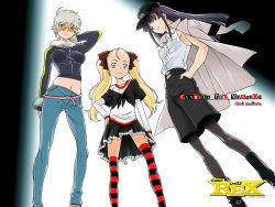 Rule 34 | 3girls, banchou, covered erect nipples, cynthia rou, cynthia the mission, delinquent, denim, jeans, kanae takaya, kuga araya, midriff, multiple girls, pants, pantyhose, rui takato, shorts, sleeveless, striped clothes, striped legwear, striped thighhighs, takatou rui, takaya kanae, thighhighs, twintails