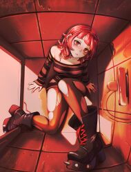 1girl absurdres bandaid bandaid_on_cheek bandaid_on_face bare_shoulders belt black_belt black_boots black_choker black_pantyhose black_shirt blush boots bra_strap breasts choker commentary dilan_griz ear_piercing english_commentary from_above grey_shirt highres kat_(dilan_griz) leg_up long_sleeves looking_at_viewer medium_hair off-shoulder_shirt off_shoulder original pantyhose parted_lips piercing red_eyes red_hair red_theme shirt shower_(place) signature sitting solo spiked_boots spiked_choker spikes striped_clothes striped_shirt torn_clothes torn_pantyhose two-tone_shirt