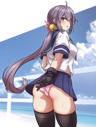Rule 34 | 1girl, ahoge, akebono (kancolle), akebono kai ni (kancolle), arthur ko, ass, bell, black gloves, black thighhighs, blush, covering ass, covering privates, flower, gloves, hair bell, hair flower, hair ornament, highres, jingle bell, kantai collection, long hair, looking at viewer, miniskirt, open mouth, panties, pink panties, pleated skirt, purple eyes, purple hair, school uniform, serafuku, side ponytail, skirt, solo, standing, thighhighs, trefoil, underwear, very long hair
