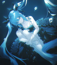 Rule 34 | 1girl, air bubble, aqua eyes, aqua hair, bare shoulders, barefoot, black dress, breasts, bubble, dress, floating hair, fov ps, hair ribbon, hatsune miku, long hair, looking at viewer, ribbon, shinkai shoujo (vocaloid), sleeveless, sleeveless dress, solo, twintails, underwater, very long hair, vocaloid