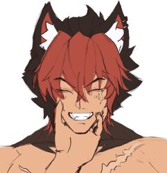 animal_ears dog_boy ear_piercing fang grin komano_manato multicolored_hair muscular muscular_male piercing red_eyes scar scar_on_face scratching_chin short_hair smile white_background zenless_zone_zero