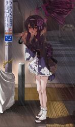 1girl bent_over blue_archive blush broken_umbrella floral_print floral_print_kimono flower hair_flower hair_ornament hairband haruka_(blue_archive) haruka_(new_year)_(blue_archive) highres holding holding_umbrella japanese_clothes kimono long_hair looking_at_viewer obi official_alternate_costume open_mouth pink_umbrella print_kimono purple_flower purple_hair purple_hairband purple_kimono purple_sash rain rubina15 sandals sash short_kimono sidelocks single_sleeve_past_fingers socks solo umbrella very_long_hair white_socks