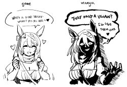 1girl animal_ears blush bow braid breasts cleavage clenched_hands closed_eyes commentary ear_bow english_commentary english_text evil_smile hands_up heart horse_ears horse_girl kaibootsu large_breasts long_hair looking_at_viewer monochrome motion_lines multiple_views open_mouth single_braid smile speech_bubble spoken_heart super_creek_(umamusume) talking teeth umamusume upper_body upper_teeth_only