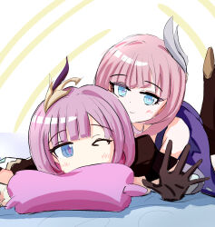Rule 34 | 2girls, black gloves, blue eyes, boots, coat, color connection, commentary request, company connection, cyrene (honkai: star rail), elysia (honkai impact), elysia (miss pink elf) (honkai impact), gloves, hair color connection, hair ornament, highres, honkai: star rail, honkai (series), honkai impact 3rd, inoue marina, leg up, lying, multiple girls, on stomach, one eye closed, pillow, pink hair, poruporu1211, purple coat, shrug (clothing), smile, voice actor connection, yanning