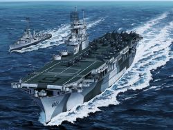 absurdres aircraft aircraft_carrier airplane anti-aircraft anti-aircraft_gun bomber curtiss_sb2c_helldiver destroyer dive_bomber grumman_f6f grumman_tbf_avenger highres mikado_(winters) military military_vehicle no_humans ocean original propeller_fighter ship torpedo_bomber uss_enterprise_(cv-6) uss_yarnall_(dd-541) vehicle_focus warship watercraft world_war_ii