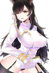 Rule 34 | 1girl, animal ears, atago (azur lane), azur lane, black hair, black panties, black thighhighs, breasts, brown eyes, female focus, fox ears, garter straps, gloves, highres, jrpulse, katana, lace, lace-trimmed legwear, lace trim, large breasts, long hair, looking at viewer, military, military uniform, miniskirt, panties, pantyshot, simple background, skirt, solo, standing, sword, thighhighs, thighs, underwear, weapon, white background, white gloves