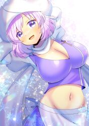 1girl :d apron arms_behind_head arms_up breasts cleavage commentary_request commission groin hat juliet_sleeves kou_hiyoyo large_breasts letty_whiterock long_sleeves looking_at_viewer navel open_mouth pink_hair puffy_sleeves purple_eyes purple_shirt purple_skirt shirt skeb_commission skirt smile snowflakes solo touhou waist_apron white_apron white_hat