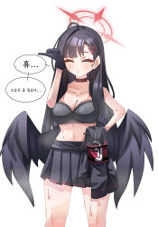 absurdres armband black_bra black_choker black_gloves black_hair black_skirt black_wings blue_archive blunt_bangs blush bra breasts choker cleavage closed_eyes ekf_voddl gloves hair_ornament hairclip halo highres holding holding_unworn_clothes ichika_(blue_archive) justice_task_force_(blue_archive) long_hair medium_breasts midriff red_armband shirt skirt sweat translation_request underwear unworn_shirt wings wiping_sweat