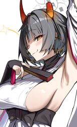 1girl armpit_focus armpits black_hair black_nails blue_archive breasts broken_horn earrings folding_fan halo hand_fan horns jewelry looking_at_viewer mizumok1 niya_(blue_archive) one_eye_closed orange_eyes short_hair sideboob simple_background solo white_background wink_star