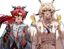 1boy 1girl arknights bai_wu_(niba997799) bare_shoulders beads black_gloves blonde_hair blue_hair brother_and_sister chinese_commentary colored_extremities commentary_request double_thumbs_up dragon_girl dragon_horns earrings fingerless_gloves gloves green_eyes grey_hair hair_between_eyes hair_intakes horns jewelry long_hair necklace off_shoulder pointy_ears red_hair shu_(arknights) siblings simple_background single_fingerless_glove sketch thumbs_up w white_background yu_(arknights)