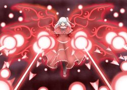 absurdres capelet dress fate/stay_night fate_(series) flying hair_bobbles hair_ornament high_heels highres laser magic medea_(caster)_(fate) medea_(fate) multiple_wings mystic_square one_side_up parody purple_wings red_capelet red_dress reiss_atelier shinki_(touhou) side_ponytail solo touhou touhou_(pc-98) wings