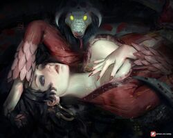 1girl artist_name black_hair boa_hancock breasts commentary earrings english_commentary forked_tongue gold_earrings jewelry long_hair one_piece parted_lips red_nails sebijy snake_earrings tongue yellow_eyes
