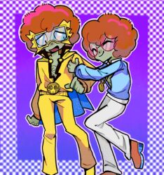 Rule 34 | 2boys, :d, ^ ^, afro, ankle boots, arm at side, arm hug, black eyes, blue-tinted eyewear, blue shirt, blush, boots, border, brown hair, closed eyes, closed mouth, collared jacket, colored shoe soles, colored skin, disco zombie, dual persona, electric boogaloo (plants vs. zombies), facing another, feet out of frame, film grain, foot out of frame, goggles, gold necklace, grey skin, jacket, jewelry, knees together feet apart, lightning bolt symbol, long sleeves, looking at another, male focus, multiple boys, necklace, open mouth, orange boots, outline, outside border, pants, partially unzipped, pink-tinted eyewear, plants vs. zombies, plants vs. zombies heroes, purple background, round eyewear, semi-rimless eyewear, shirt, short hair, simple background, smile, standing, standing on one leg, tinted eyewear, tongue, white outline, white pants, xh5 (xinjinjumin348470816236), yellow-framed eyewear, yellow jacket, yellow pants