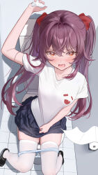 1girl absurdres blush boo_tao_(genshin_impact) breasts brown_hair clothes_pull embarrassed from_above genshin_impact ghost hand_up highres hu_tao_(genshin_impact) looking_at_viewer medium_breasts open_mouth red_eyes school_uniform shirt shirt_pull short_sleeves skirt star-shaped_pupils star_(symbol) symbol-shaped_pupils thighhighs toilet_paper toilet_seat toilet_use ttkaki twintails wavy_eyes white_shirt zettai_ryouiki