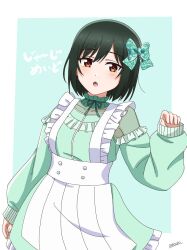 1girl apron artist_name blush bob_cut border bow dress fang green_background green_bow green_dress green_hair hair_bow highres jacket jersey_maid long_sleeves looking_at_viewer love_live! love_live!_nijigasaki_high_school_idol_club maid mifune_shioriko necchi neck_ribbon official_alternate_costume open_mouth red_eyes ribbon short_hair solo translation_request unconventional_maid upper_body white_apron white_border