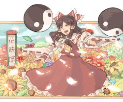 Rule 34 | 1girl, ascot, between fingers, blue flower, blue sky, bow, brown eyes, brown hair, collar, commentary request, detached sleeves, feet out of frame, field, flower, flower field, frilled collar, frilled hair tubes, frilled skirt, frills, gohei, hair bow, hair tubes, hakurei reimu, heasil, holding, holding gohei, lily of the valley, long hair, ofuda, ofuda between fingers, open mouth, orange flower, orb, painting (object), poppy (flower), purple flower, red bow, red shirt, red skirt, sarashi, scroll, shirt, skirt, sky, solo, sunflower, teeth, touhou, translation request, transparent background, upper teeth only, white collar, white sleeves, yellow ascot, yin yang, yin yang orb