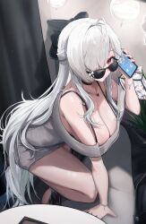 Rule 34 | 1girl, absurdres, arm support, bare shoulders, black bow, black choker, blance, bow, bra strap, braid, breasts, calling, cellphone, choker, cinderella (beautiful me) (nikke), cinderella (nikke), cleavage, collarbone, commentary, curtains, dress, goddess of victory: nikke, grey dress, hair bow, hair over one eye, half up braid, heart, heart necklace, highres, holding, holding phone, indoors, jewelry, large breasts, long hair, looking at viewer, necklace, o-ring strap, off-shoulder dress, off shoulder, official alternate costume, official alternate hairstyle, phone, red eyes, smartphone, smile, solo, sunglasses, thighs, white hair