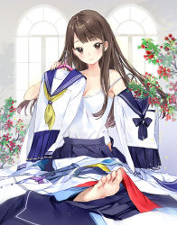 Rule 34 | 1girl, barefoot, blue skirt, blush, breasts, brown eyes, brown hair, camisole, cleavage, closed mouth, clothes hanger, collarbone, commentary request, feet, female focus, flower, head tilt, holding, long hair, long sleeves, looking at viewer, macciatto (aciel02), medium breasts, open clothes, open skirt, original, pleated skirt, red flower, school uniform, serafuku, shirt, skirt, smile, solo, unworn shirt, unworn skirt, very long hair, white camisole, white shirt, window