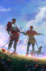 2boys animal armor beard_stubble belt black_pants blonde_hair boots breastplate brown_hair bug butterfly chainmail closed_eyes cloud cloudy_sky commentary cumulonimbus_cloud dog english_commentary epseelutely facial_hair field flower flower_field gauntlets gloves grass greaves hans_capon henry_of_skalitz highres holding_hands insect kingdom_come:_deliverance_ii male_focus multiple_boys outdoors outstretched_arm pants red_flower short_hair sky smile stubble sword teeth tunic weapon white_flower white_gloves yellow_tunic
