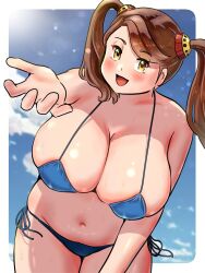 Rule 34 | 1girl, bikini, blue bikini, blush, breasts, brown eyes, brown hair, cleavage, gundam, gundam build fighters, gundam build fighters try, hair ornament, hand extended, highres, huge breasts, kenken28937178, leaning forward, medium hair, navel, open mouth, outdoors, plump, reaching, reaching towards viewer, sazaki kaoruko, side-tie bikini bottom, sky, solo, standing, swimsuit, twintails