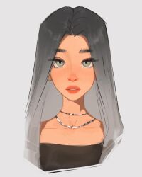 Rule 34 | 1girl, black hair, black shirt, collarbone, crop top, expressionless, gradient hair, green eyes, grey hair, highres, lipstick, looking at viewer, makeup, multicolored hair, original, portrait, sam yang, shirt, silver necklace