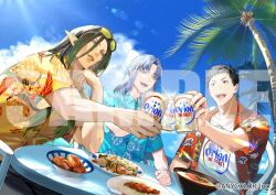 3boys :d animal_print beer_can bird_print black_eyes black_hair black_pants blue-tinted_eyewear blue_eyeshadow blue_hair blue_shirt blue_sky border0715 bowl can chair clothes_writing cloud collarbone collared_shirt commentary_request company_name copyright_notice day drink_can elbow_rest eyelashes eyeshadow eyewear_hang eyewear_on_head floral_print food food_request gradient_hair green-tinted_eyewear green_hair green_lips hanabatake_chaika hand_up hawaiian_shirt holding holding_can lens_flare lipstick long_hair makeup male_focus medium_hair milan_kestrel mole mole_under_eye mole_under_mouth multicolored_eyeshadow multicolored_hair multiple_boys nijisanji ocean official_art on_chair open_clothes open_mouth open_shirt orion_beer outdoors outstretched_hand palm_tree pants parted_bangs plate pointy_ears print_shirt red_eyeshadow red_shirt round_table sample_watermark shirt short_hair short_sleeves sidelocks sitting sky smile sparkle sun sunglasses sunlight table teeth tinted_eyewear toasting_(gesture) tree unworn_eyewear upper_teeth_only very_short_hair virtual_youtuber water watermark white_shirt yashiro_kizuku yellow_eyes yellow_shirt