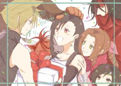3girls 4boys aerith_gainsborough bare_shoulders barret_wallace birthday black_hair blonde_hair blue_eyes blush box bracelet braid braided_ponytail brown_eyes brown_hair cloak closed_mouth cloud_strife confetti dark-skinned_male dark_skin dated earrings final_fantasy final_fantasy_vii gift gift_box green_eyes hair_ribbon hand_on_another&#039;s_head happy_birthday headband holding holding_gift jewelry long_hair looking_at_another multiple_boys multiple_girls open_mouth pink_ribbon red_cloak red_eyes red_fur red_hair red_headband red_xiii ribbon scar scar_across_eye scar_on_face short_hair sleeveless sleeveless_turtleneck smile spiked_hair suspenders sweater tank_top tifa_lockhart turtleneck turtleneck_sweater upper_body vincent_valentine wan_tarowou32 white_tank_top yuffie_kisaragi