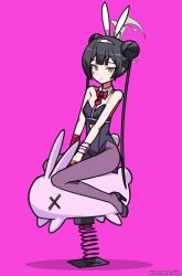 1girl absurdres alternate_costume animal_ears bare_arms bare_shoulders black_hair black_leotard black_pantyhose black_shoes blue_archive bow bowtie breasts cleavage clothing_cutout cutout_above_navel detached_collar double_bun fake_animal_ears fake_tail full_body grey_eyes grey_halo hair_bun hair_ornament hairband halo heart_cutout high_heels highres kisaki_(blue_archive) leotard long_hair looking_at_viewer necktie pantyhose pink_background playboy_bunny rabbit_ears rabbit_hole_(vocaloid) rabbit_tail red_bow red_bowtie red_necktie ribbon shoes simple_background small_breasts smile solo straight_hair tail teardrop_facial_mark tie_clip tsunderemaids twintails twitter_username very_long_hair white_hairband white_tail wrist_ribbon x_hair_ornament