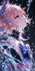 1girl absurdres ai-generated black_background blue_bow blunt_bangs bow detached_collar detached_sleeves flat_chest genshin_impact highres horns hydro_symbol_(genshin_impact) japanese_clothes long_hair looking_up masorg nontraditional_miko parted_lips pink_hair purple_eyes sangonomiya_kokomi solo vision_(genshin_impact) water wide_sleeves