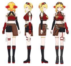 1girl armlet artist_request belt black_boots black_shorts black_sleeves blonde_hair boots brown_belt chest_belt chest_harness closed_mouth colored_shoe_soles commentary crop_top cropped_sweater detached_sleeves double-parted_bangs earrings full_body gloves goggles goggles_on_head hairband halterneck hammer harness highres hololive hololive_indonesia hood hooded_coat jewelry kaela_kovalskia kaela_kovalskia_(4th_costume) knee_boots lace-up_boots leather_belt looking_at_viewer mallet medium_hair midriff multiple_views navel o-ring o-ring_thigh_strap official_art pouch red-tinted_eyewear red_eyes red_gloves red_hairband red_sweater reference_sheet ribbed_sweater ring second-party_source short_shorts shorts simple_background single_detached_sleeve single_earring single_glove single_sidelock sleeveless sleeveless_sweater sleeves_past_wrists smile straight-on sweater swept_bangs tachi-e thigh_pouch thigh_strap thighlet tinted_eyewear turnaround virtual_youtuber white_background