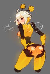 1girl anus arthropod_girl ass bee_girl black_skin blonde_hair blush_stickers breasts colored_skin cropped_legs english_text from_behind grey_background ilwha insect_girl league_of_legends medium_breasts orbeeanna orianna_(league_of_legends) pussy pussy_juice shiny_skin short_hair simple_background solo wings yellow_skin