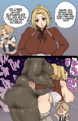 Rule 34 | 1girl, 2boys, 2koma, ahoge, blonde hair, blue eyes, blush, breasts, cheating (relationship), comic, drawerofs3x, english text, fat, fat man, gradient background, green eyes, hetero, instant loss, large breasts, mature female, mother and son, motherly netorare, multiple boys, mushoku tensei, netorare, nipples, rudeus greyrat, sex, speech bubble, standing, standing sex, tearing up, zenith greyrat