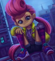 1girl berecca_(ninjala) blue_eyes child city cityscape closed_mouth eco19 female_focus hair_ornament hairclip hand_on_own_knee highres jacket knees_up long_hair ninjala outdoors pink_hair pompadour ponytail power_lines purple_hair purple_shoes purple_thighhighs shoes shorts sitting smile sneakers solo striped_clothes striped_thighhighs thighhighs thighs very_long_hair yellow_jacket