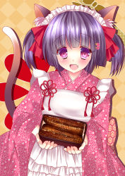 1girl :d animal_ears bad_id bad_pixiv_id bow carrying cat_ears cat_tail eel female_focus grey_hair hair_bow hair_ornament hair_ribbon hairclip japanese_clothes lolita_fashion looking_at_viewer maid_headdress open_mouth original purple_eyes ribbon rika-tan_(rikatantan) smile solo tail wa_lolita