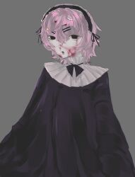 absurdres black_dress blood blood_on_face dress gothic_lolita headdress highres lolita_fashion multiple_hair_clips non-web_source original pink_hair