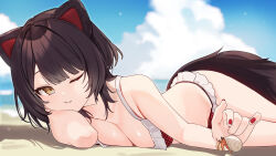 1girl absurdres beach bikini black_hair blue_sky blurry blurry_background breasts brown_eyes closed_mouth cloud commentary_request day frilled_bikini frills highres inui_toko medium_breasts nijisanji nikuya_mugi ocean one_eye_closed outdoors polka_dot polka_dot_bikini red_bikini short_hair sky solo swimsuit virtual_youtuber