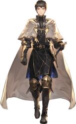 Rule 34 | 1boy, absurdres, aiguillette, arm guards, black gloves, black pants, black tunic, blue eyes, boots, brown boots, brown hair, cloak, elbow gloves, game cg, gloves, hand on hilt, high collar, highres, knee guards, male focus, male voyager, non-web source, official art, pants, solo, straight-on, swept bangs, sword, sword of convallaria, transparent background, tunic, weapon, white cloak