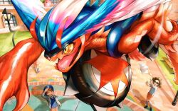 1girl 2boys arm_up blue_vest brown_hair building commentary_request day gen_2_pokemon grass grey_jacket hoppip jacket koraidon lamppost medium_hair multiple_boys necktie nintendo open_clothes open_jacket open_mouth orange_mikan orange_necktie orange_shorts outdoors pokemon pokemon_(creature) pokemon_sv shirt shoes short_hair short_sleeves shorts socks standing sunglasses vest